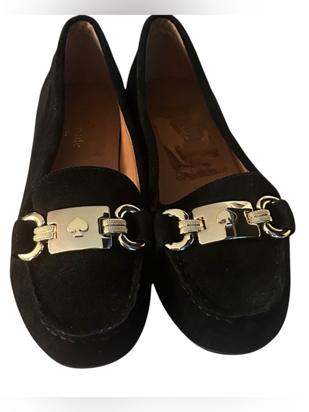 kate spade Black Suede Loafers with Gold Plaque